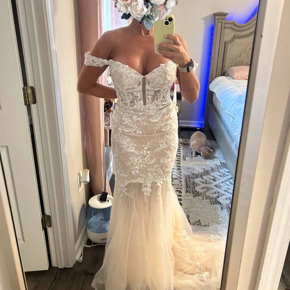 Azazie Lace Detail Wedding Dress in champagne/ivory